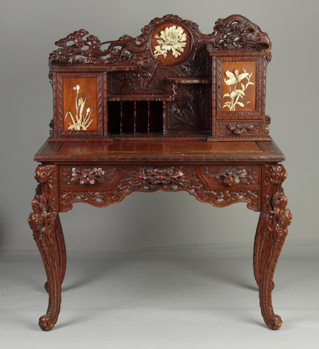 Carved Hardwood Oriental Desk With 136585
