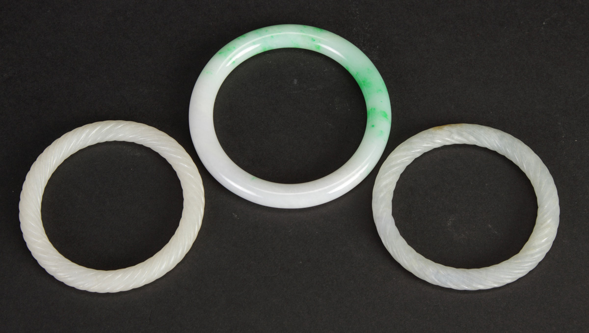 3 Carved Jade Bracelets Two have 13659b