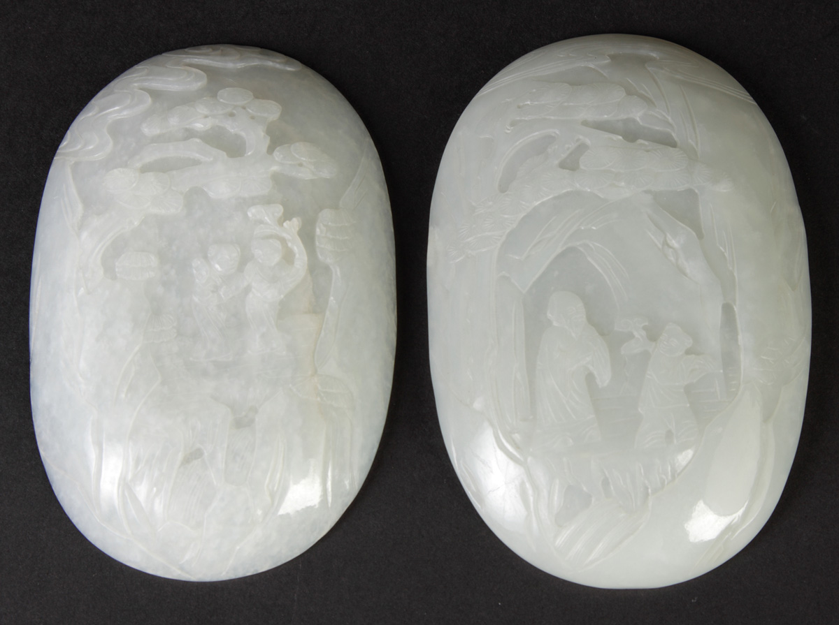 2 Chinese Carved White Jade Plaques 13659e