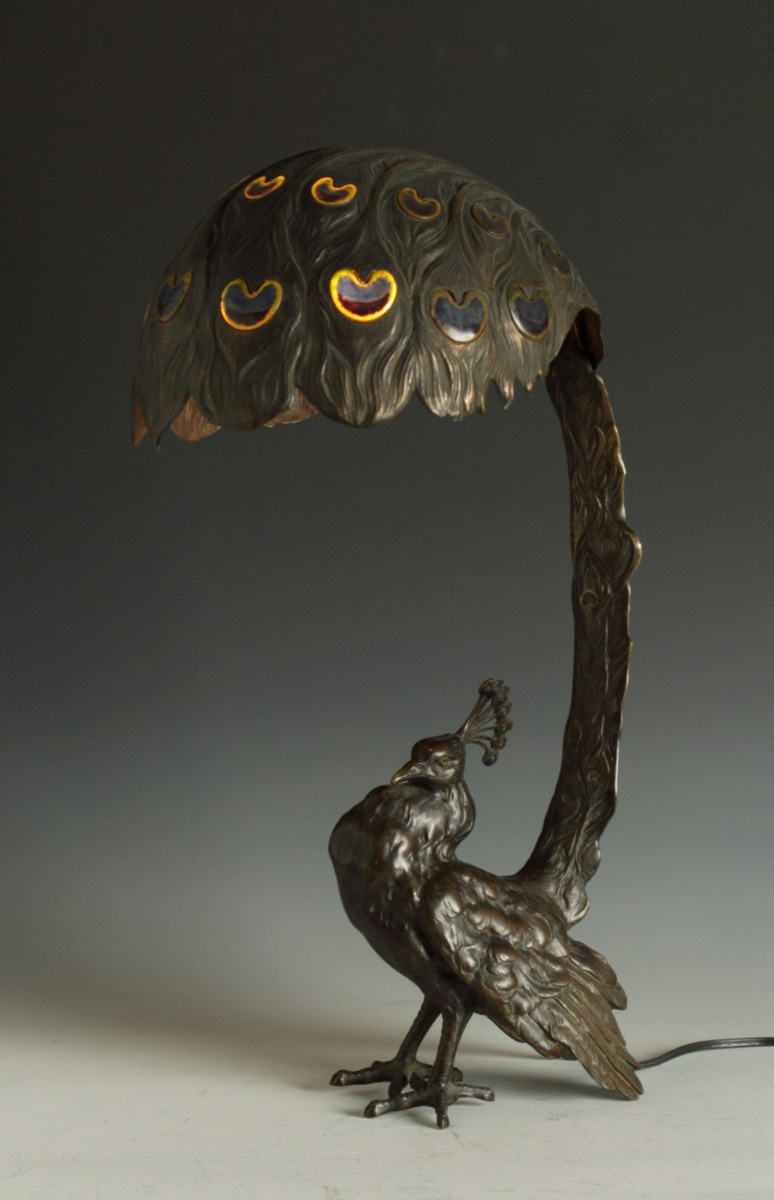 Unusual Bronze Peacock Lamp Early 136642