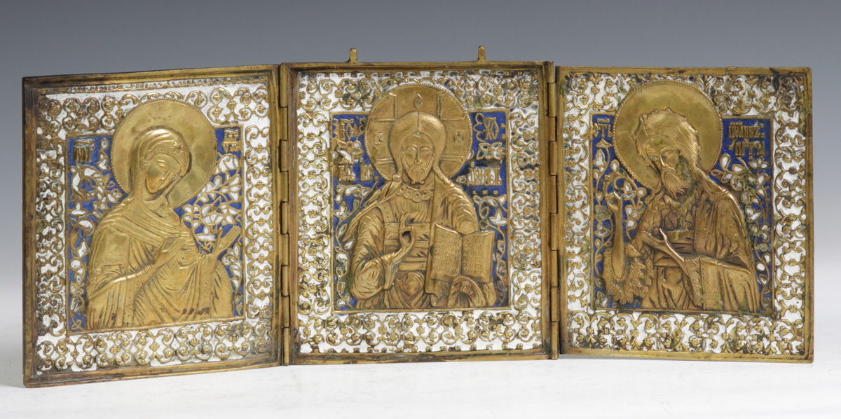 Early Enameled Brass Triptych Icon 1366b9