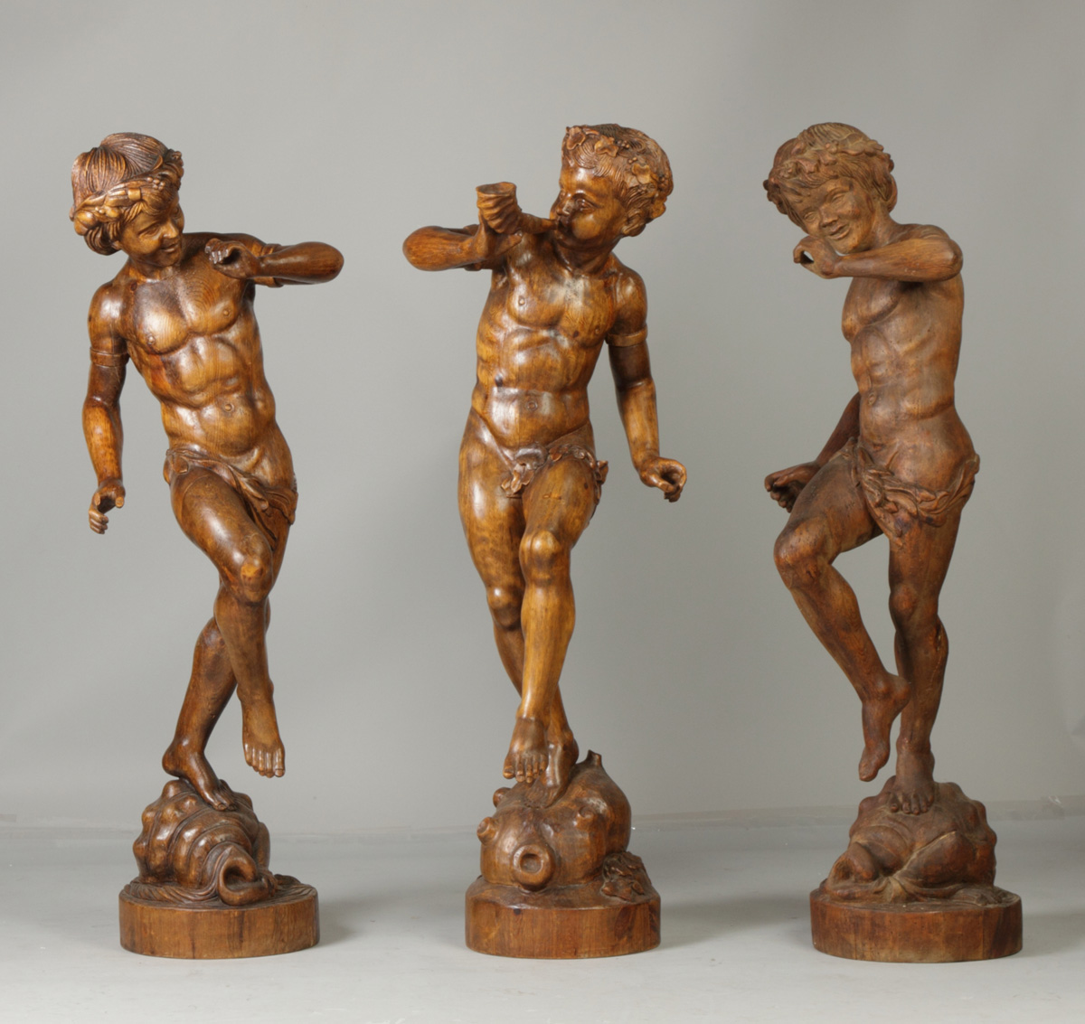 3 Carved Pine Bacchus Style Figures 1366da