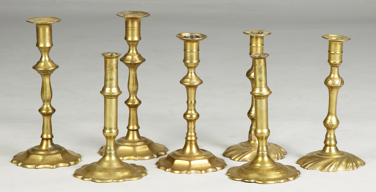 Group of 7 Brass Candlesticks Late