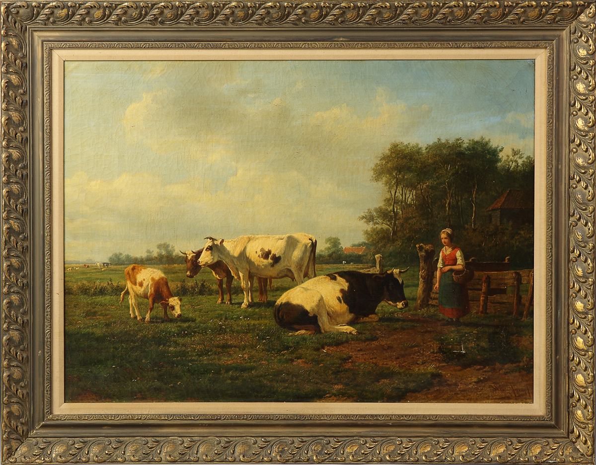 19th cent. Ptg. of milk maid w/cows