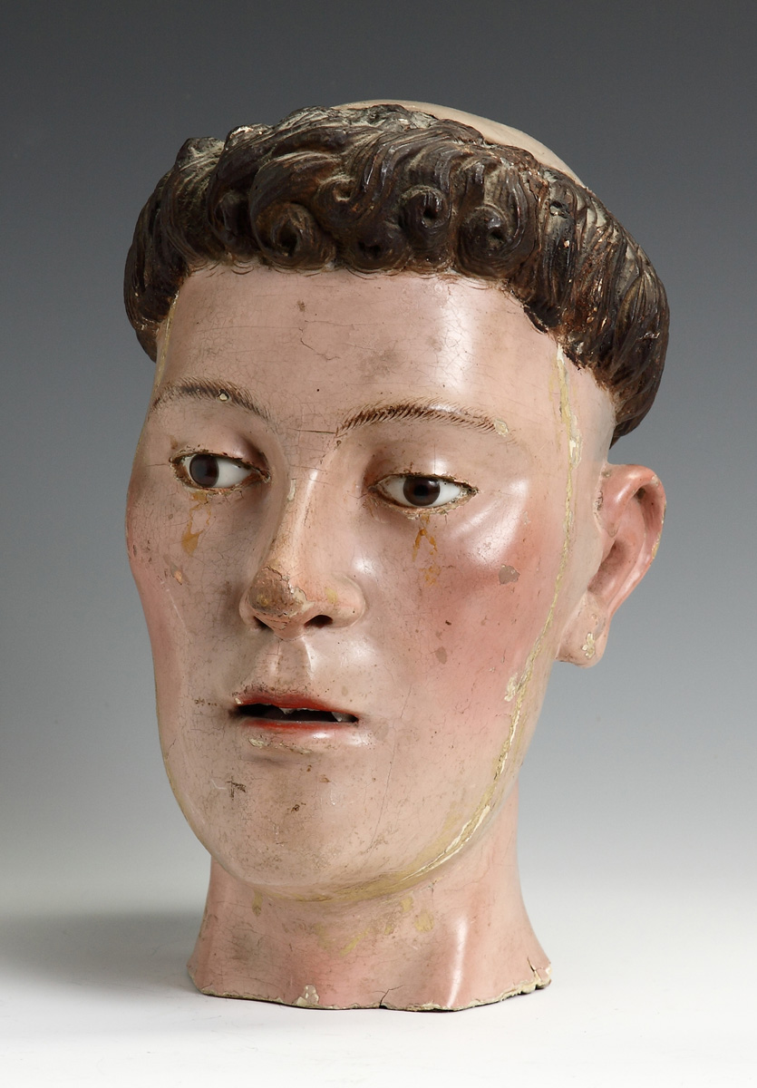 Carved Polychrome Wooden Head 13687c