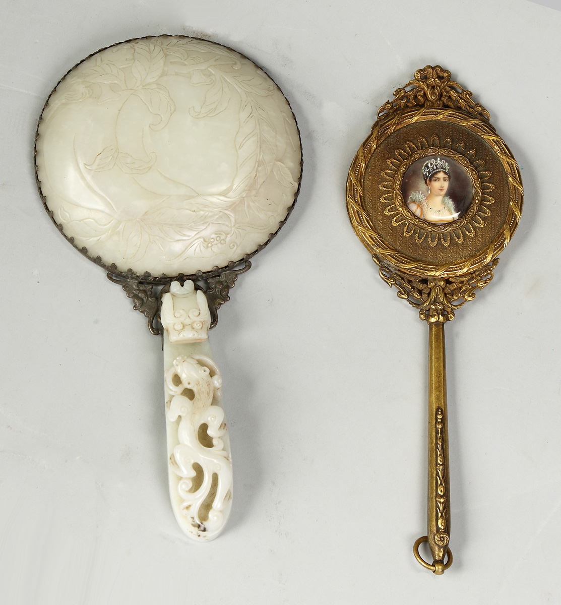 Hand Mirror w Miniature on Ivory19th 13688a