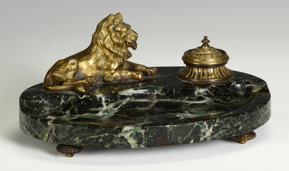 Sgn. Marble & Bronze Inkwell w/Lion