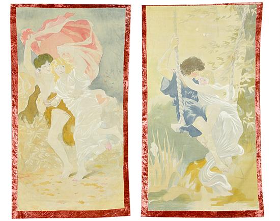 Pair Continental painted tapestries 136a5d