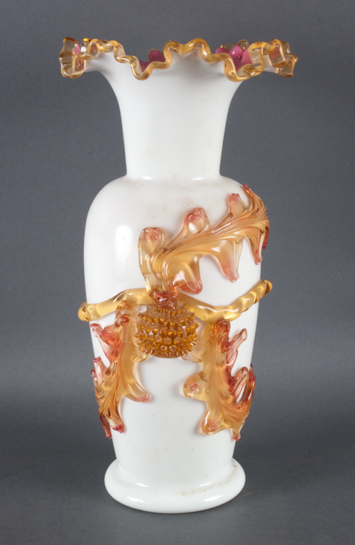 Cased glass vase with applied floral 13703c