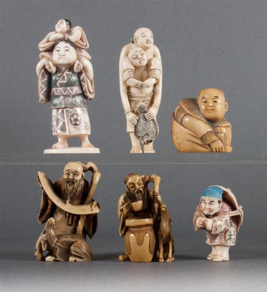 Six Japanese carved ivory netsukes comprising: