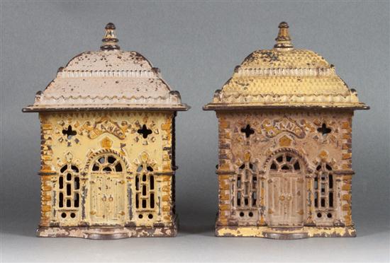 Pair of painted cast iron bank building