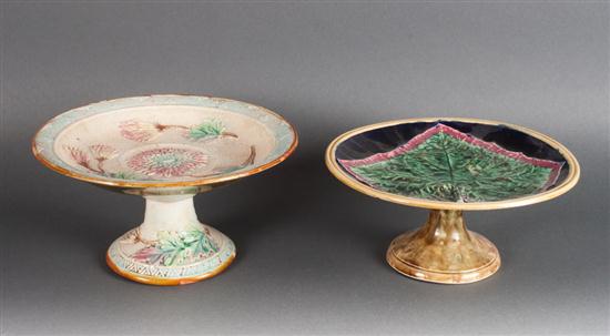 Two Continental Majolica footed