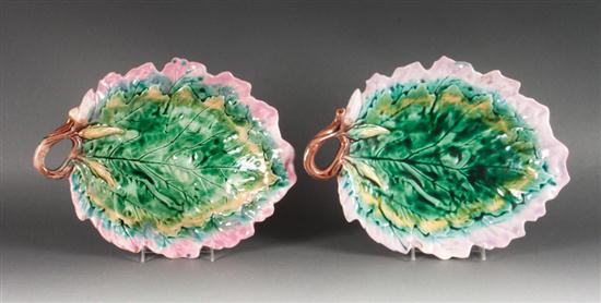 Pair of Etruscan Majolica leaf-form