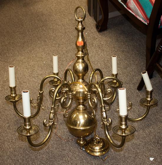 Dutch style six-light brass chandelier