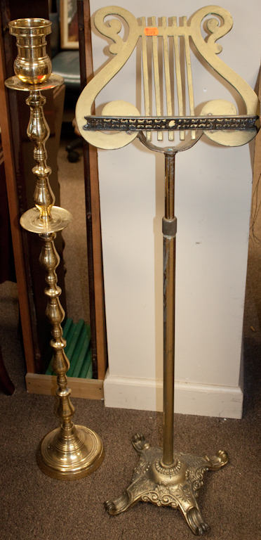 Brass altar candlestick and a brass 139d27