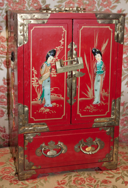 Chinese brass-mounted red lacquered