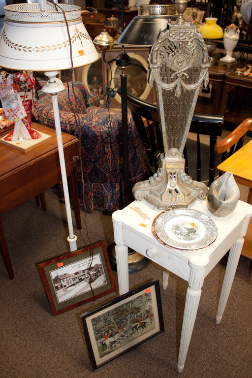 Two framed prints brass fire fan