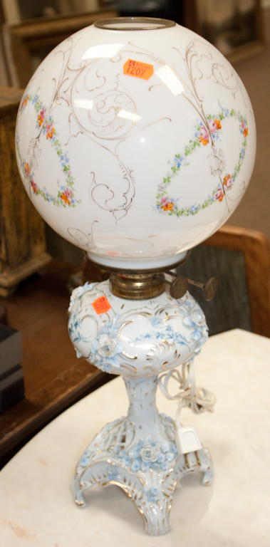 Sitzendorf porcelain oil lamp and