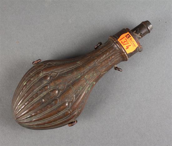 English copper powder flask marked Hawksley