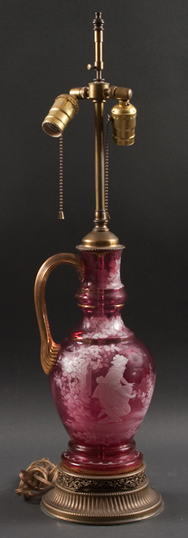 Mary Gregory ruby glass ewer mounted