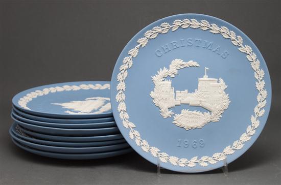 Nine Wedgwood blue and white jasperware