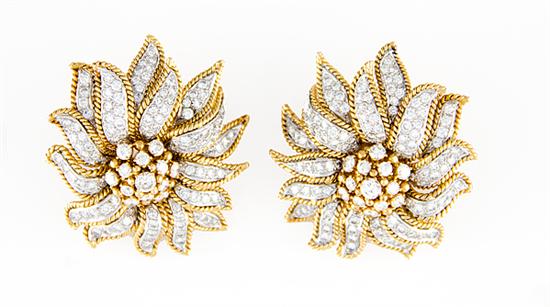 Pair diamond floral-form clip earrings
