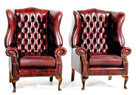 Pair Queen Anne style leather wingback 13a718