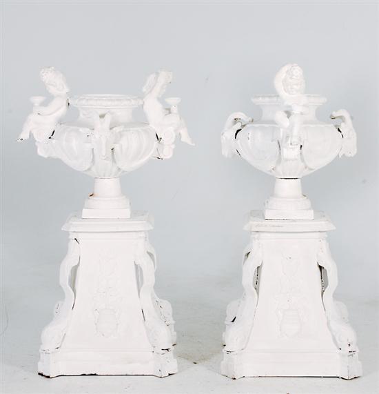 Pair painted cast-iron garden urns