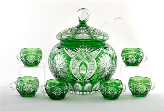 Bohemian crystal punch set green-cut-to-clear