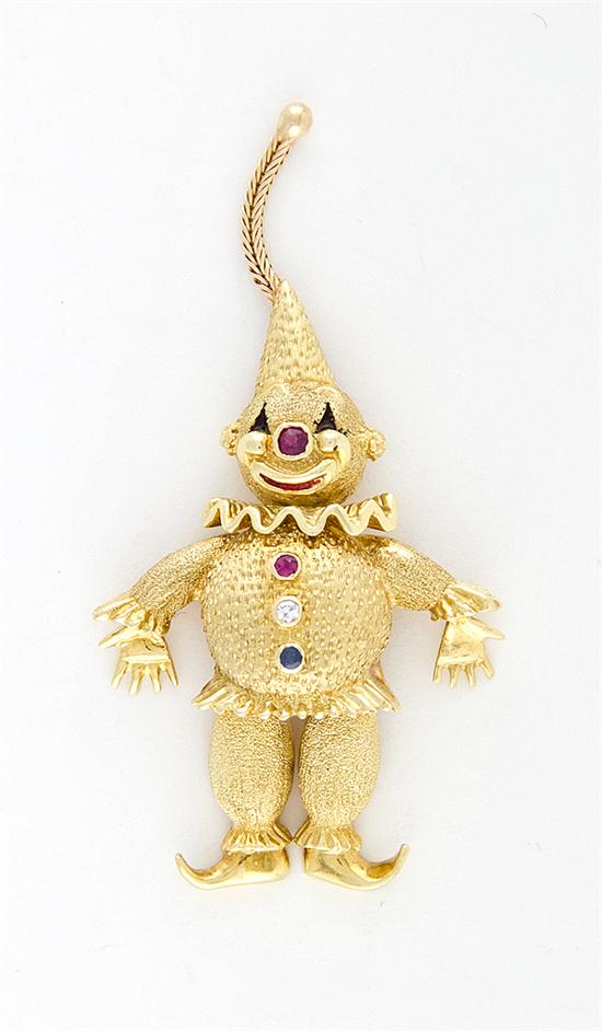 Whimsical gem-set gold clown brooch
