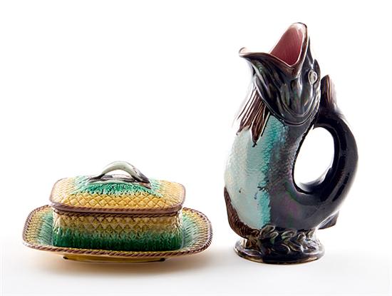 Majolica sardine box and fish pitcher