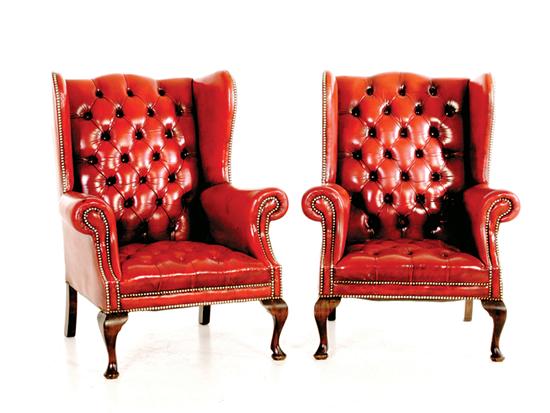 Pair English leather wingback chairs