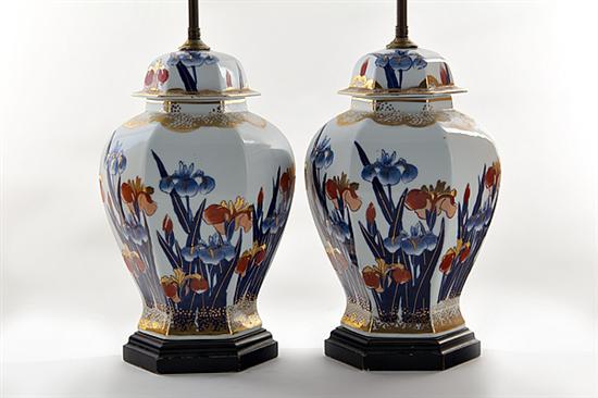 Pair porcelain covered urns converted