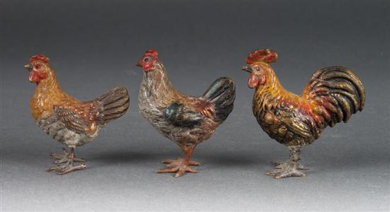 Three Austrian cold painted bronze chickens