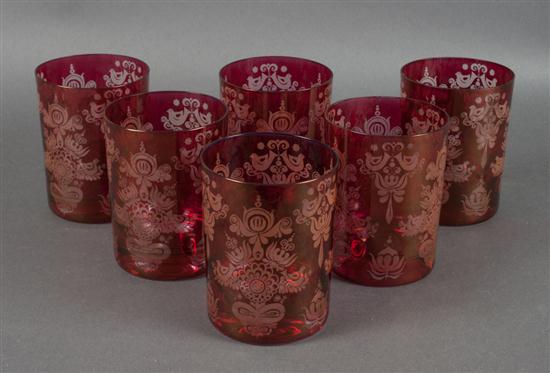 Set of six Bohemian cranberry etched to clear 13ab01