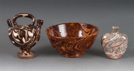 Three Staffordshire agateware pottery