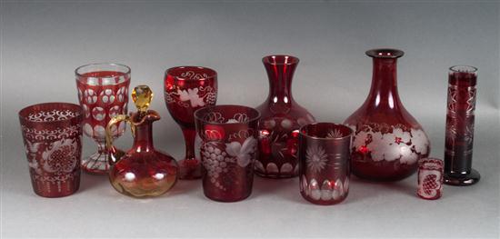 Assorted Bohemian cranberry etched-to-clear