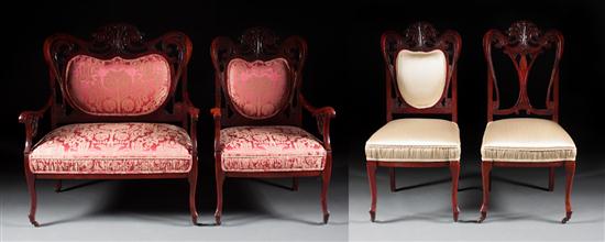 Art Nouveau cherrywood four-piece upholstered