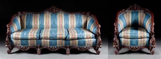 Rococo style carved mahogany upholstered