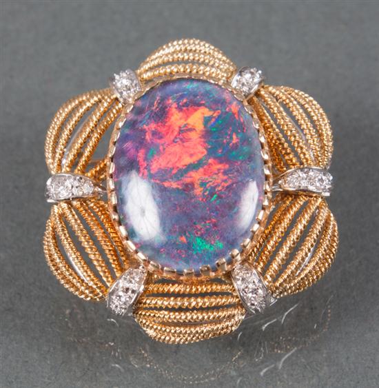 18K gold diamond and doublet opal