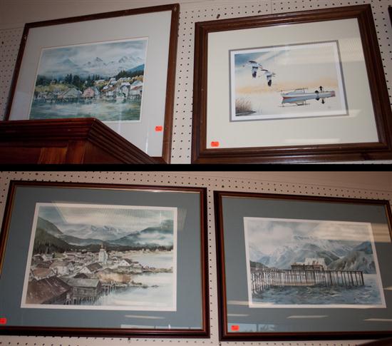 Four assorted framed prints three of