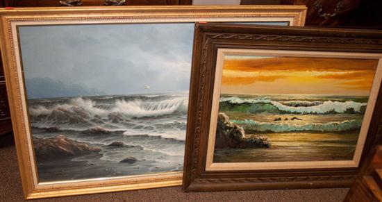 Two oil paintings of waves breaking