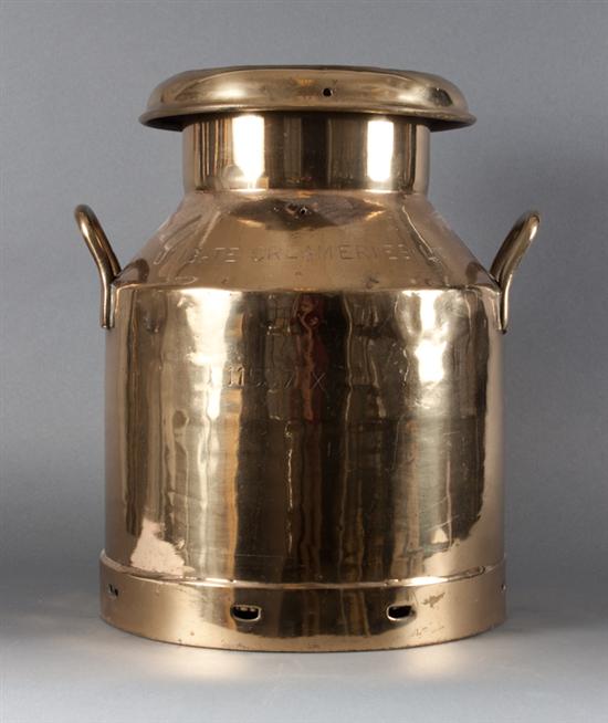 Brass two-handled milk can Daws