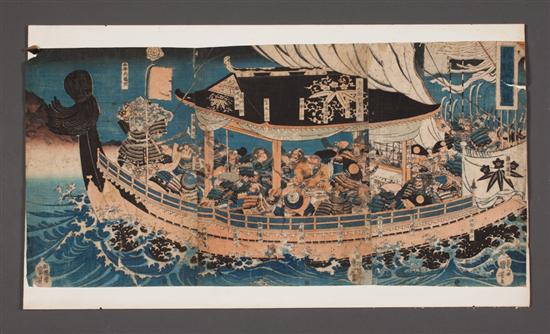 Japanese color woodcut triptych: