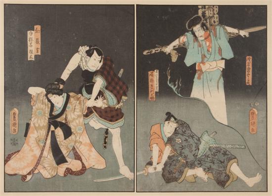 Japanese color woodcut diptych: Toyokuni