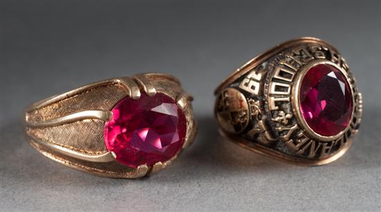 Two 10K gold and red gemstone rings