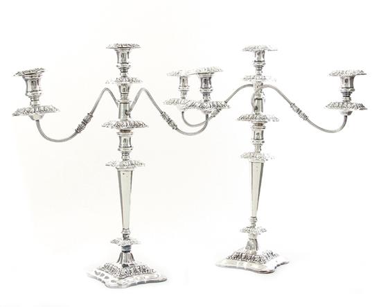 Pair English silverplate three-light