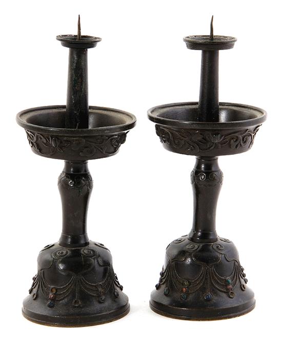 Pair Chinese gem-set bronze candlesticks