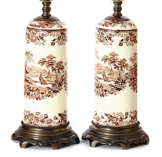 Pair English transferware canisters