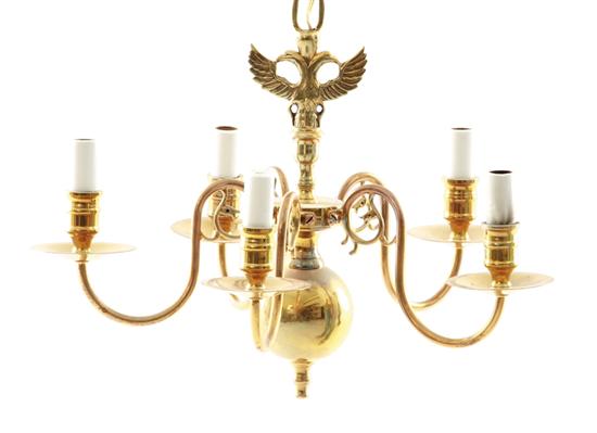 Continental brass five-light chandelier